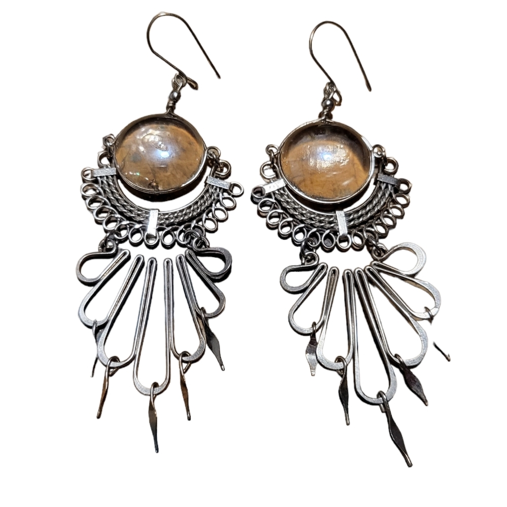 Peruvian Alpaca silver with clear/pale peach stone dangle Chandelier ear…